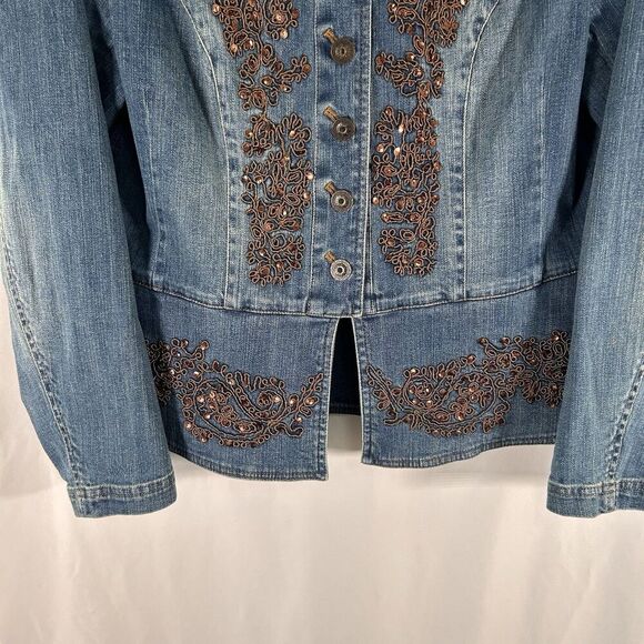 Coldwater Creek Denim Jacket Women's Medium Petite Button Up Sequin Cotton Blend - Picture 3 of 8